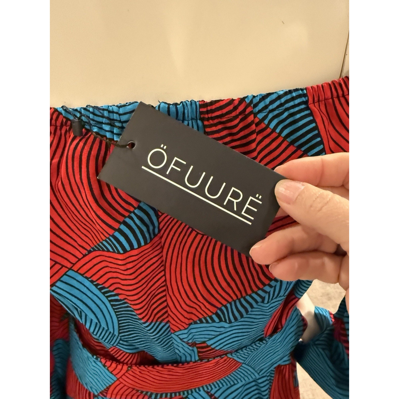 Nwt Ofuure Sz Large Bold Dress 100% Cotton Geometric Print Blue Red Belted — image 7 of 8